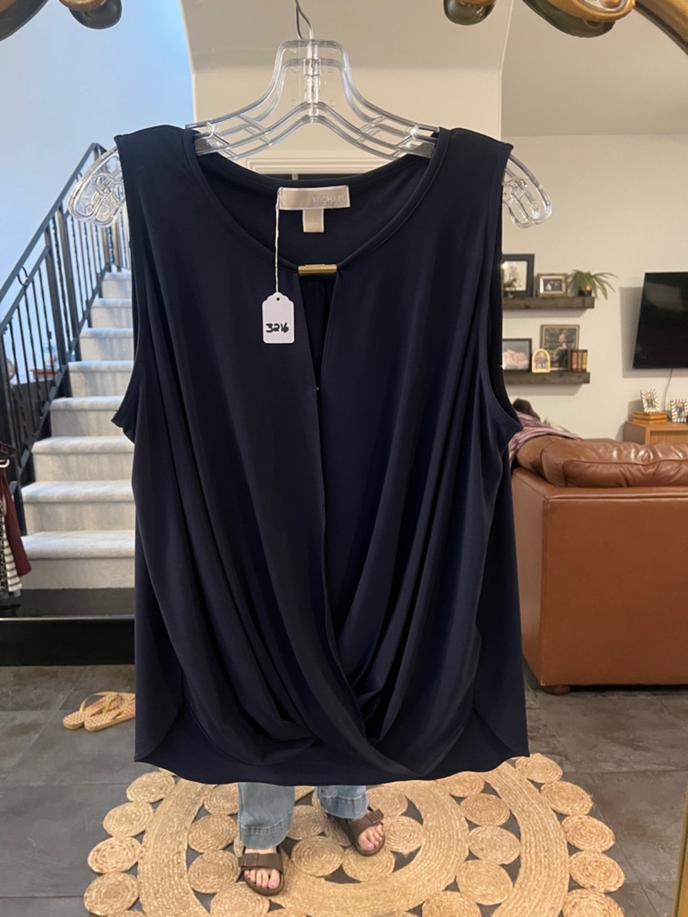 Michael Kors Navy Sleeveless Twist-Front Blouse with Gold Accent